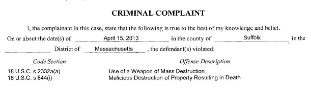 US v Tsarnaev - Complaint Charges