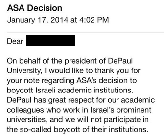 DePaul U email re Israel Boycott