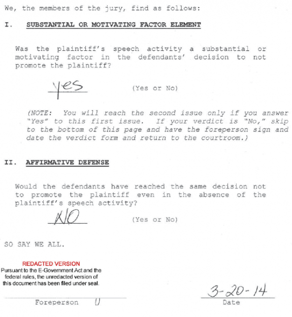 Adams v UNC - Wilmington - Jury Verdict Form Answers