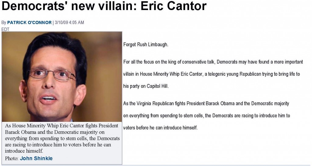 Politico Eric Cantor Democrats' New Villain