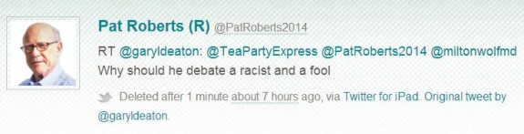 Pat Roberts 2014 deleted tweet re Milton Wolf racist and fool