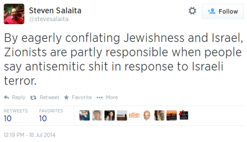 Twitter - @SteveSalaita - Zionists partly responsible for antisemitic shit