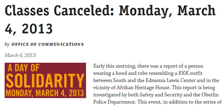 Oberlin press announcement classes canceled