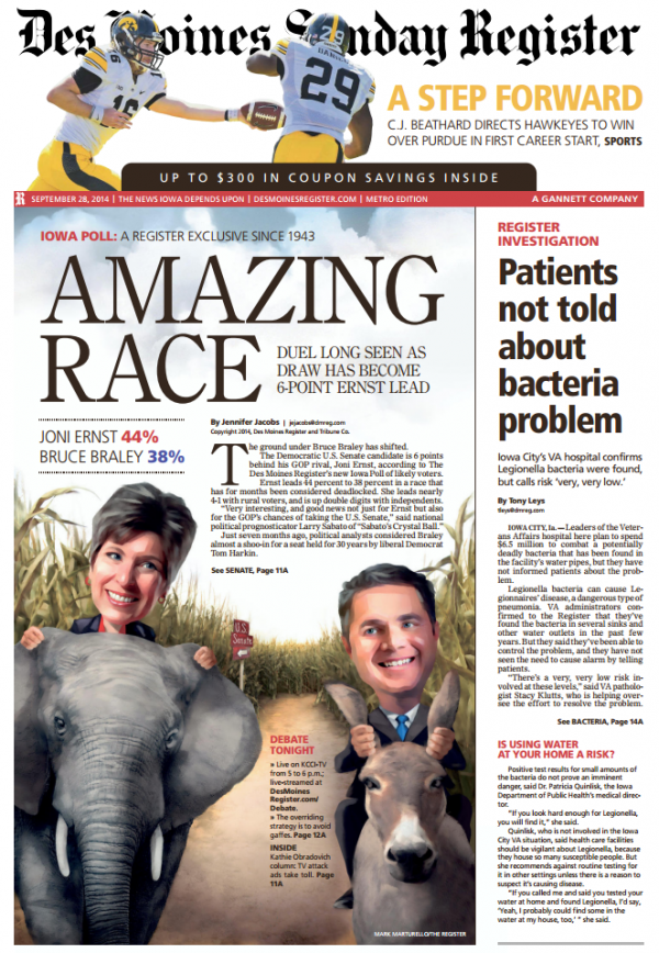 Des Moines Register front page Ernst senate poll 9-28-2014