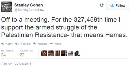 Stanley Cohen Twitter Support Hamas October 20 2014