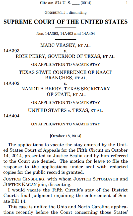 Texas Voter ID Supreme Court Order first page