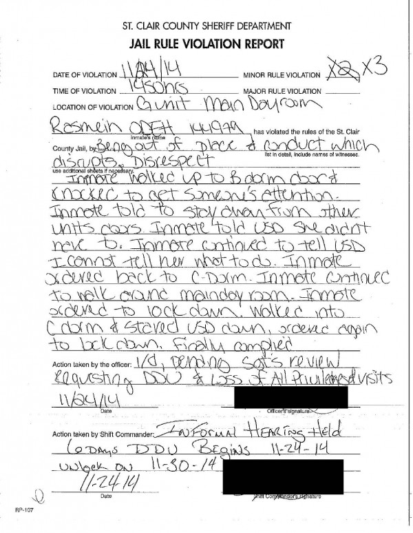 Rasmieh Odeh - St. Clair County Sheriff's Office 11-24-2014 Handrwitten Jail Rule Violation Report