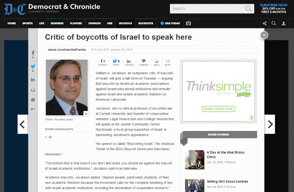 http://www.democratandchronicle.com/story/news/2015/01/25/israel-boycott-jacobson-academic-freedom-american-studies-association/22325819/