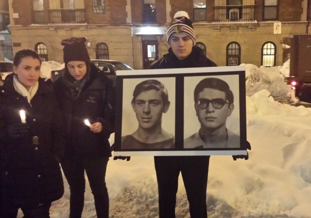 [Vigil in memory of Edward Joffe and Leon Kanner, DePaul University, outside fundraiser for Rasmea Odeh]