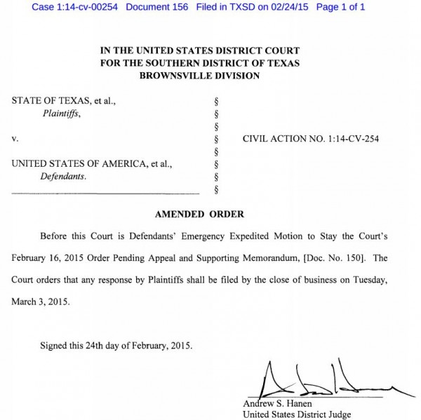 Texas v. U.S. - Immigration Case - Amended Order Re Emergency Stay Motion Deadline