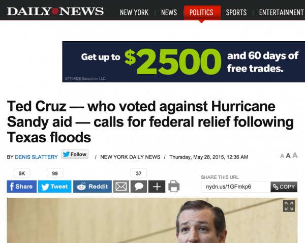 NY Daily News Ted Cruz President Texas Federal Aid Sandy Hurricane Relief Hypocrisy media bias pork spending bill