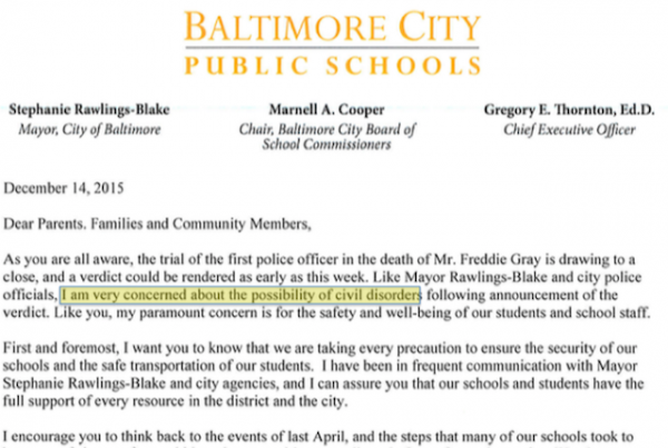 Baltimore school letter 12-14-15