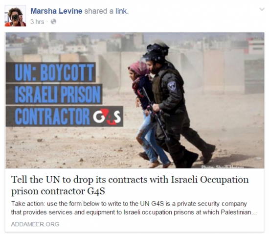 Marsha Levine Facebook Tell UN to drop contractor G4S