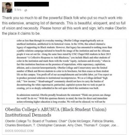 Oberlin Black Students Union Demand List FB Post 2 Redacted