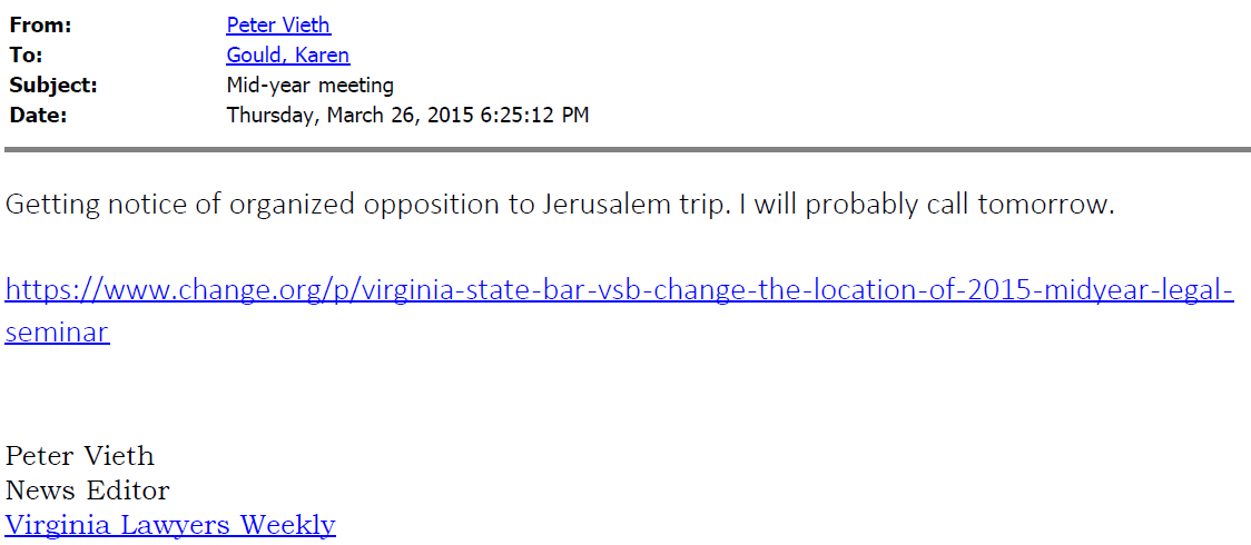 VSB Email 3-26-2015 625 Vieth Lawyers Weekly Getting Notice of Organized Opposition