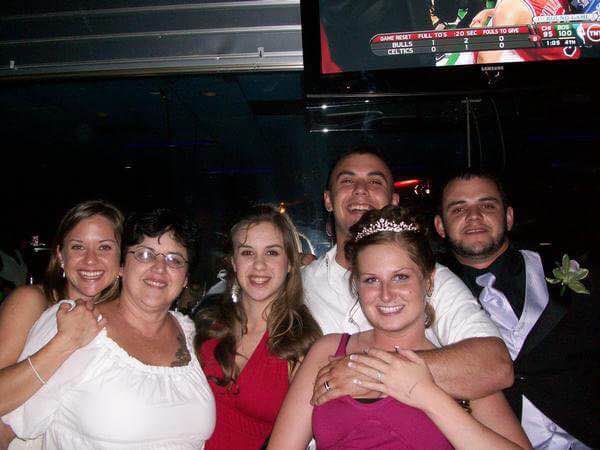 [(left to right) his sister Stephanie, his mom Rachel, his sister Emilie, us, and his brother Ben]
