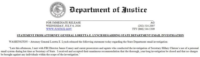 Loretta Lynch Statement No Prosecution Hillary