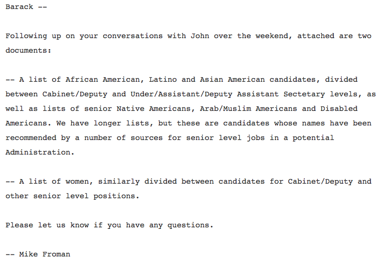 Froman Podesta Obama Email Diversity