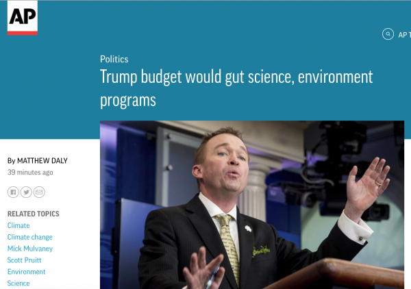 https://apnews.com/bf0044e17efd405b80fab237d5ead7ba/Trump-budget-would-gut-science,-environment-programs