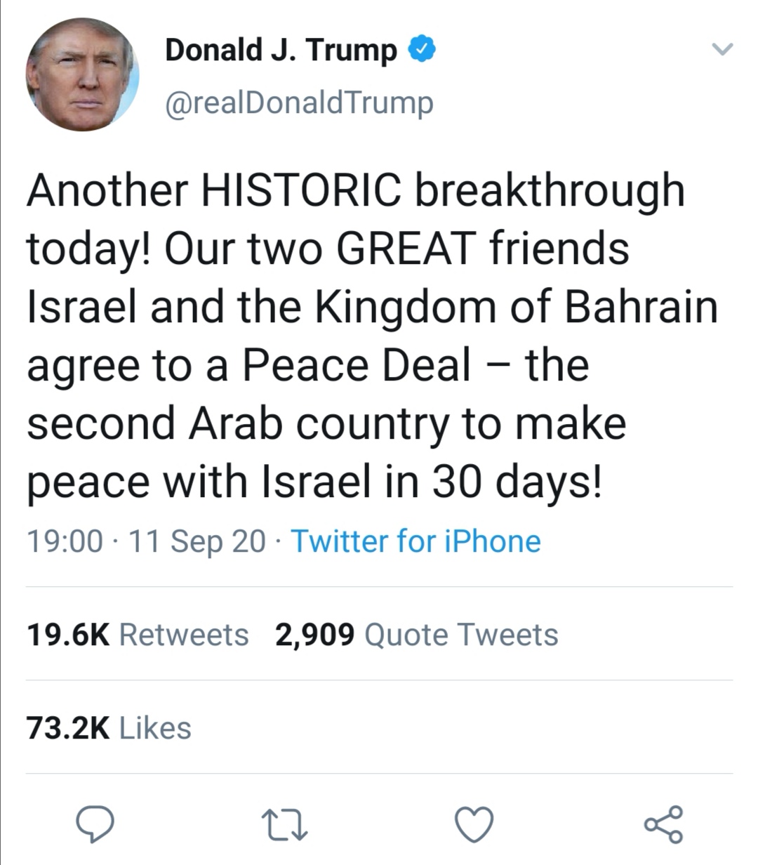 Trump Tweet Israel Bahrain Peace Deal | Le·gal In·sur·rec·tion