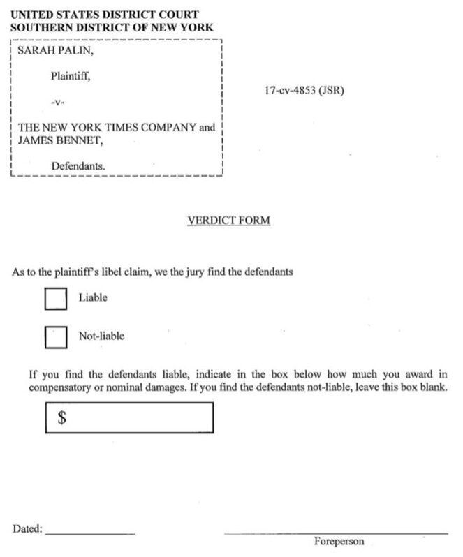 Sarah Palin v. NY Times VERDICT Watch Judge Will Dismiss Case After